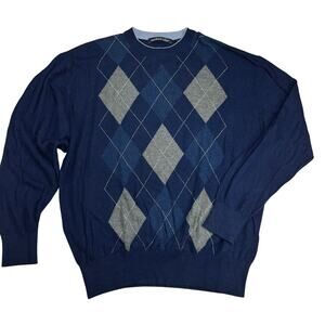 Northern Isles Silk Rayon Cashmere Blend Navy Blue Gray Argyle Sweater Size XXL